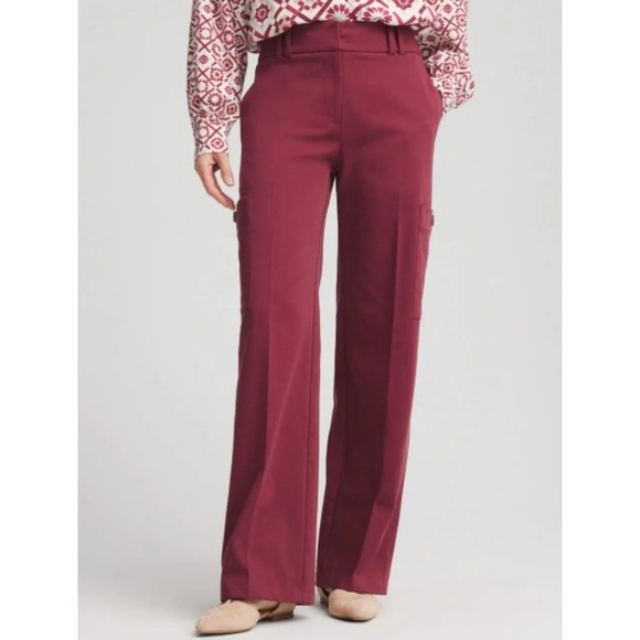 Chico's Pants - Chicos Womens Sateen Cargo Pants Size 12 Tall Black Currant High Rise Straight